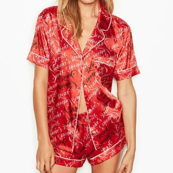 Red Victoria's Secret Script Satin Boxer PJ SET S - Picture 1 of 7